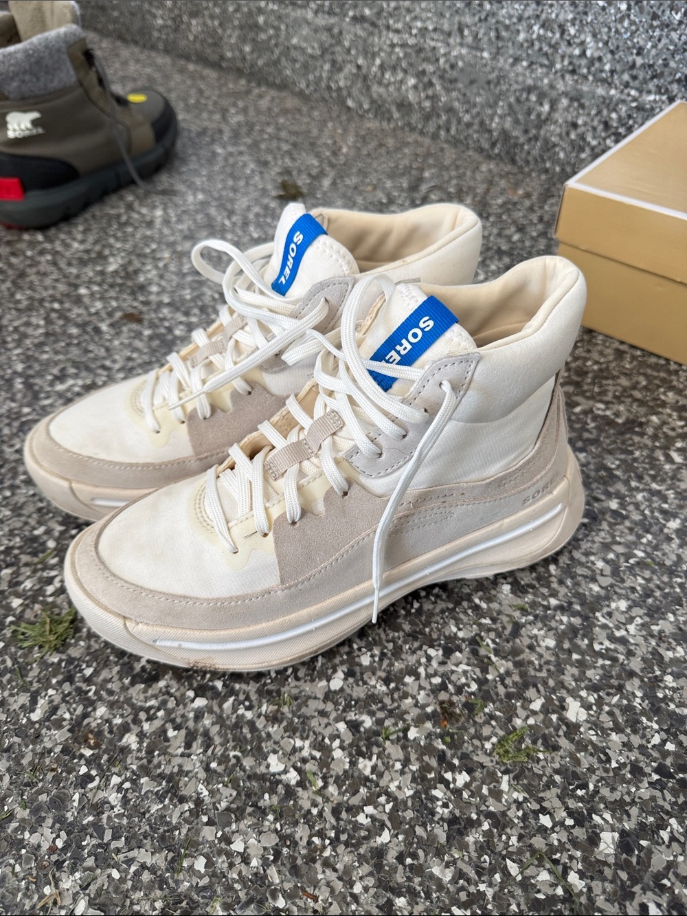 Sorel Cream and Blue High-Top Sneakers